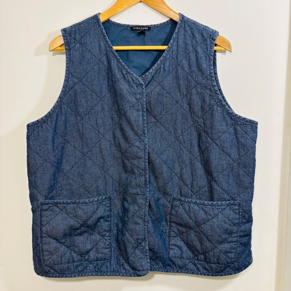 Eileen Fisher Organic Cotton Twill Quilted Blue Vest Side Pockets Women Large - Picture 2 of 8